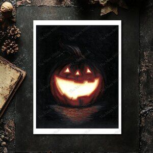 8x10 Fine Art Print, Dark Jack O'Lantern Painting, "Pumpkin Spice" Spooky Cute